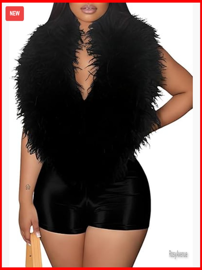 Women's Halter Feather Trim Deep V Neck Backless Romper Club Party Jumpsuit